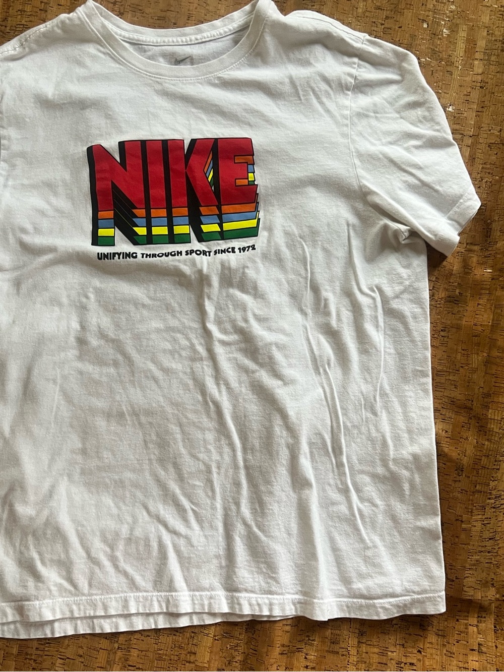 Nike White Tee with Red Logo and Rainbow Stripes